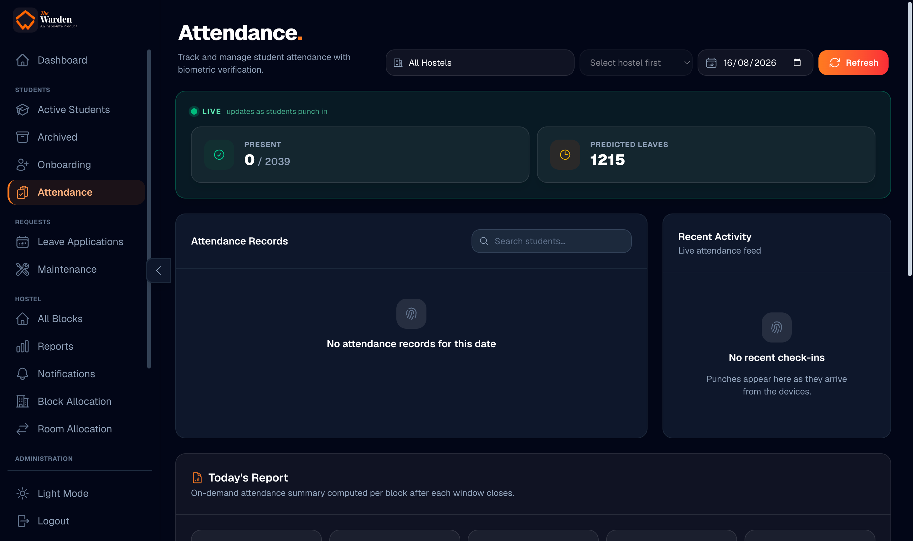 TheWarden attendance dashboard with live totals, records, recent activity, and daily report