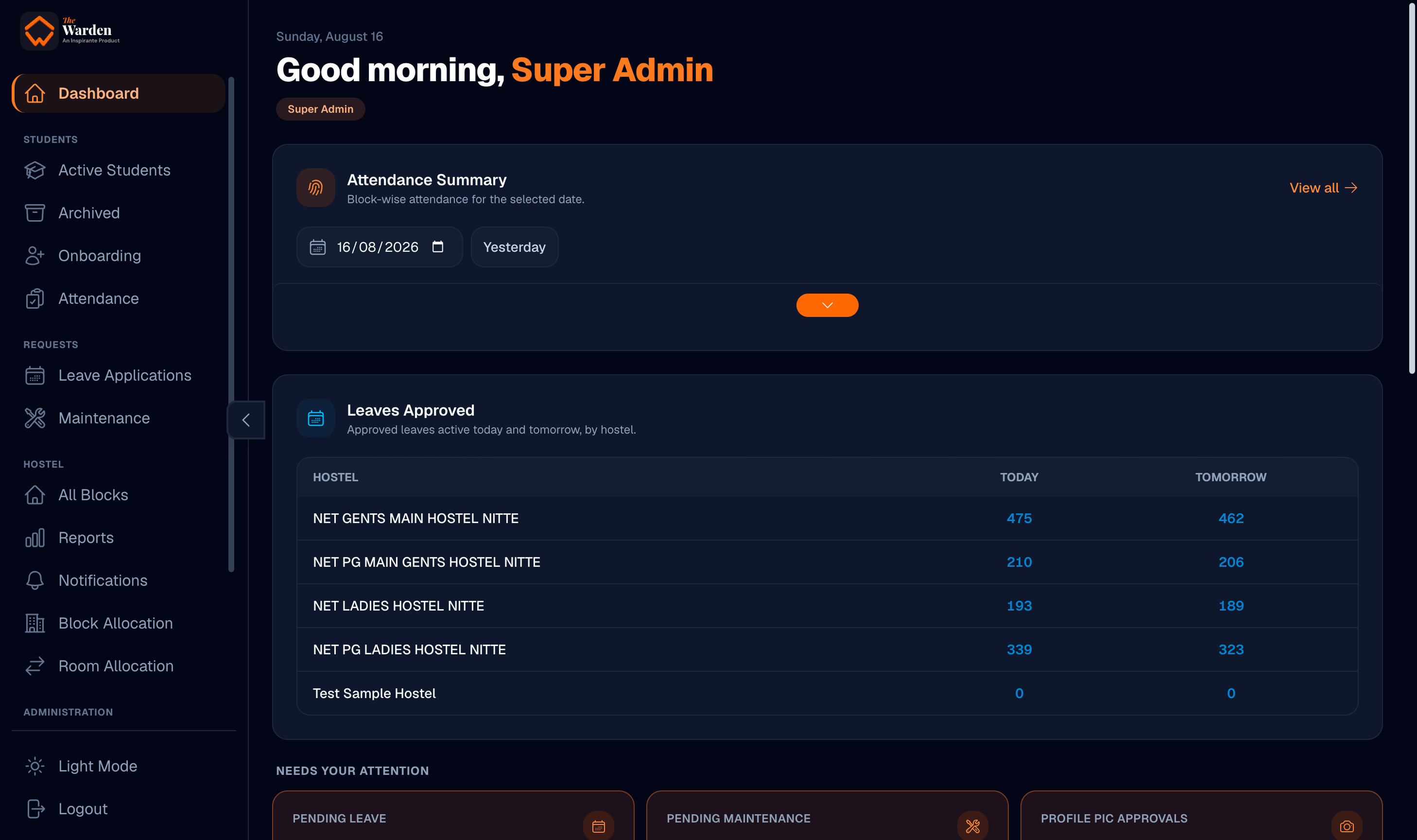 TheWarden desktop dashboard showing attendance and hostel leave summaries