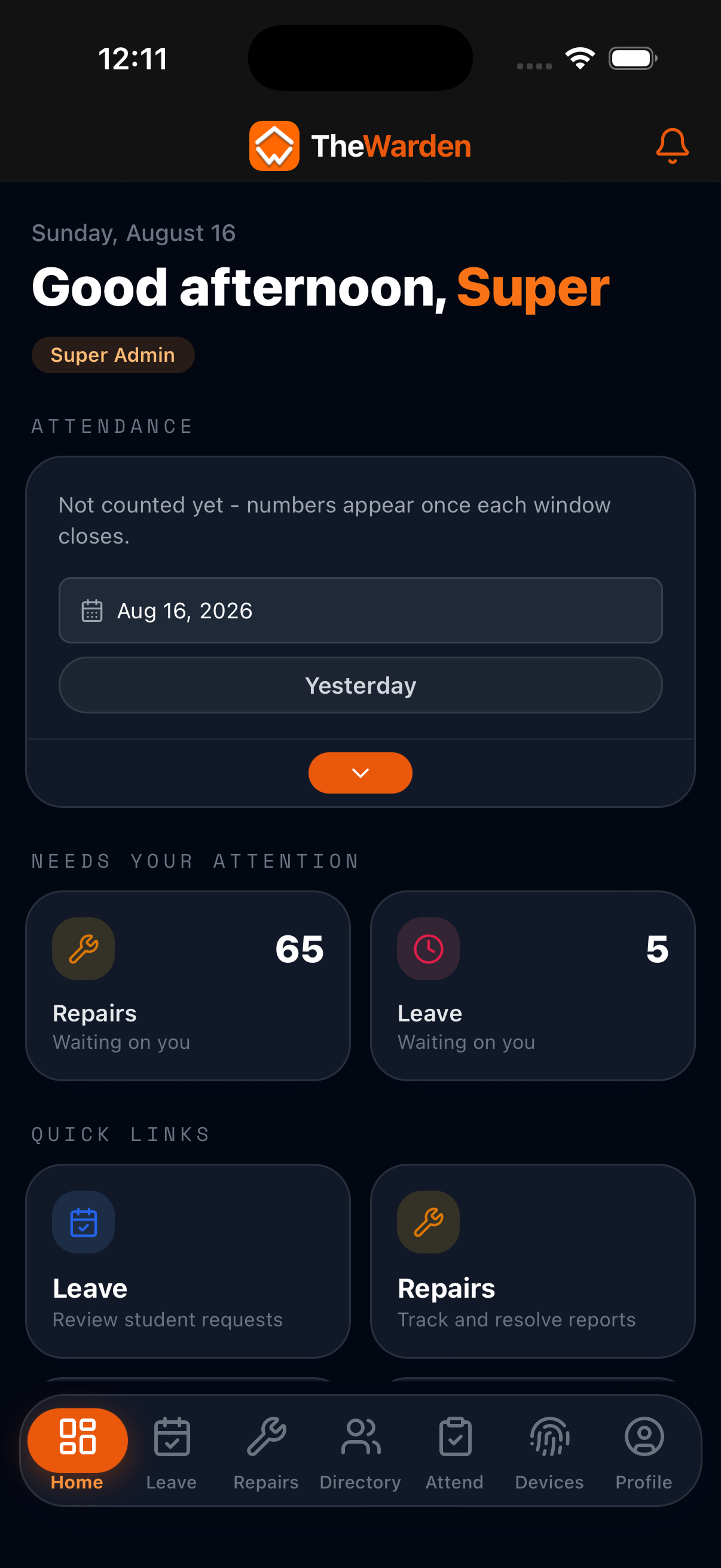 TheWarden mobile student dashboard with attendance and leave status