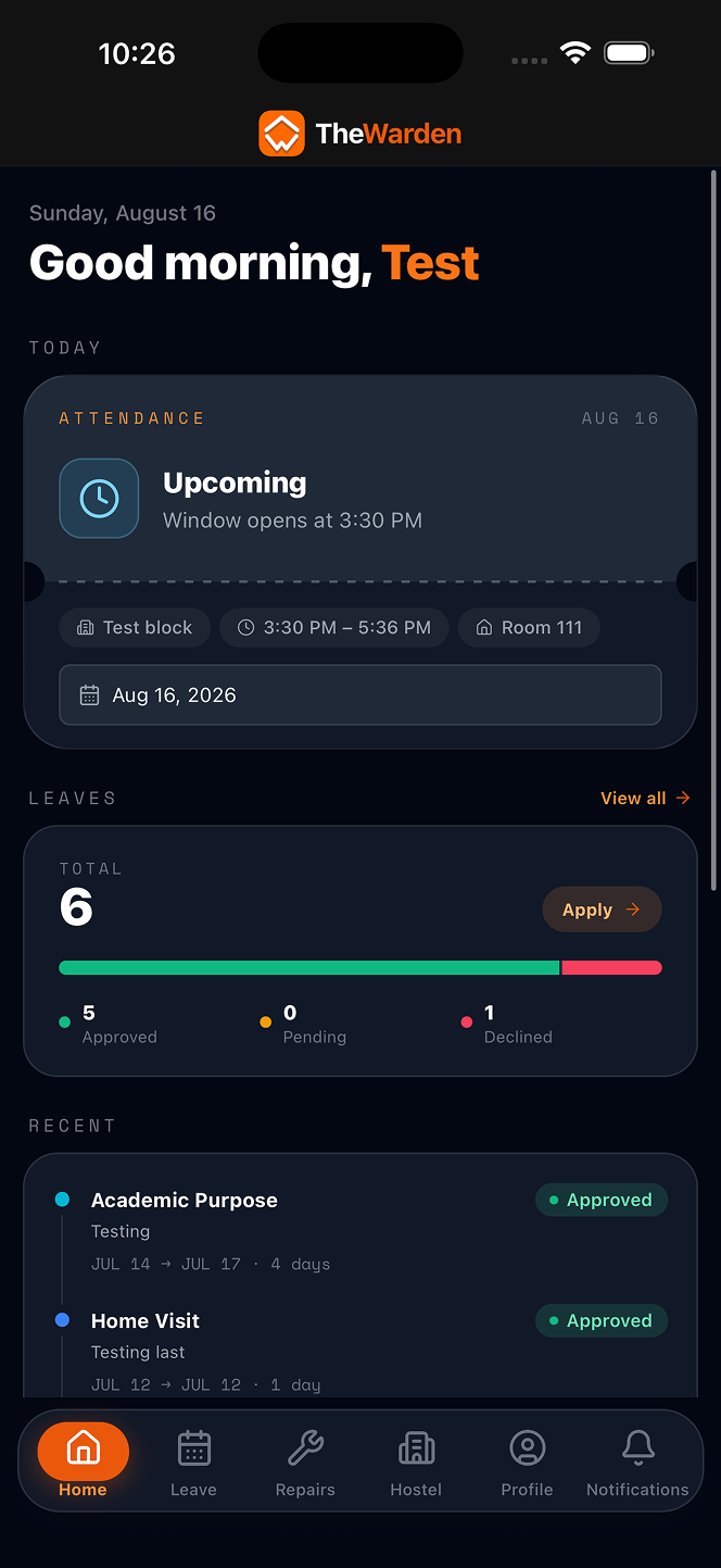 TheWarden mobile student dashboard showing attendance and leave summaries